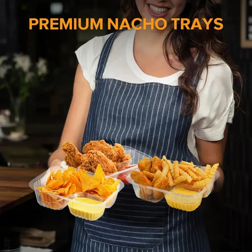 Vista 6 de 50 bandejas de nachos para fiestas, bandejas de nachos desechables de 6 x 5 pulgadas, 2 compartimentos de plástico transparente con soporte
