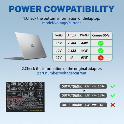 Vista 3 de Cargador original para laptop de 44 W, 36 W, 15 V, 2.58 A, 1800 1625, para Microsoft Surface Pro 6, 5, 4, 3, Windows Surface Laptop 3, 2, 1, Surface