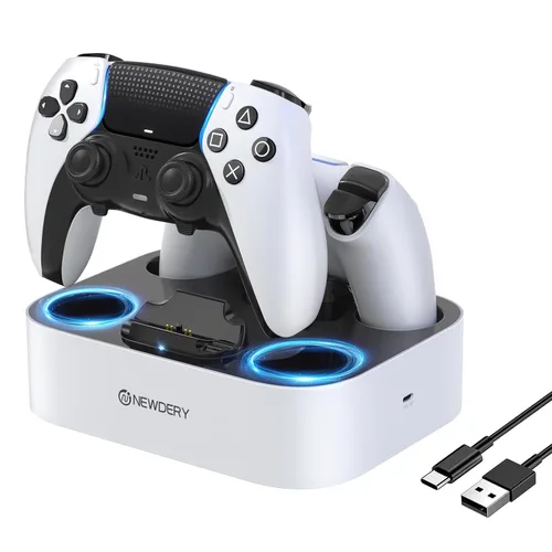 Vista 10 de NEWDERY for PS5 Controller Charger Station Compatible with Dualsense Edge, Fast Charging Dock Stand with Cable, Dual Controller Charging Station for