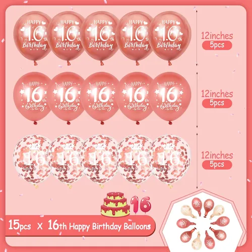Vista 5 de Globos de cumpleaños número 16, 15 globos de oro rosa de feliz cumpleaños número 16, decoraciones de fiesta de cumpleaños número 16 para niñas