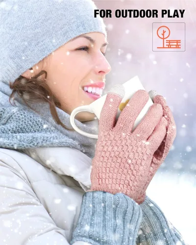 Vista 6 de 2 pares de guantes para pantalla táctil de invierno para mujer, guantes de punto con forro polar cálido, puños elásticos, guantes de texto