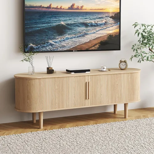 Vista 45 de Soporte de TV, mesa consola multimedia con puerta corredera y compartimento de almacenamiento, centro de entretenimiento moderno con almacenamiento