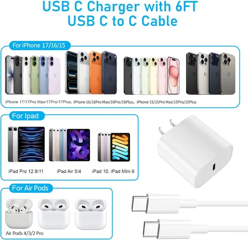 Vista 4 de Cargador para iPhone 17 16 15 de carga rápida, bloque de cargador de pared USB C de 20 W con cable USB C a C de carga rápida para iPhone 17/16 Pro