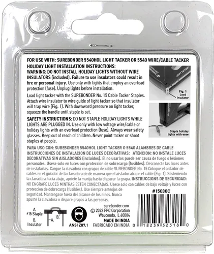 Vista 3 de Surebonder 15030C - Grapas y aisladores de luz para luces de Navidad/vacaciones y cable de bajo voltaje, 60 grapas y 30 aisladores blancos, paquete