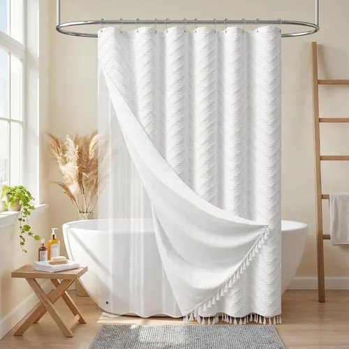 Vista 33 de Dynamene - Cortina de ducha de tela bohemia con rayas con chebrón en relieve, juego de cortina angosta para baño, media cortina impermeable