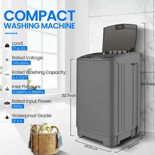 Vista 7 de Nictemaw Portable Washing Machine, 17.8Lbs Portable Washer, LED Display Full Automatic Washing Machine with 10 Programs 8 Water Levels, Drain