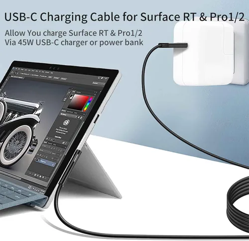 Vista 2 de Cable de carga USB C para Surface RT y Pro 1 2 (negro de 6 pies), funciona con cargador USB-C de 15 V/3A 45 W, compatible con Microsoft Surface 1512