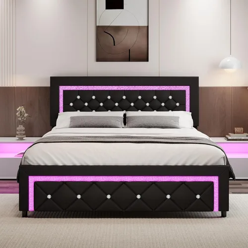 Vista 13 de Marco de cama matrimonial con luces LED, plataforma tapizada con cabecera capitonado tipo diamante, no necesita somier, sin ruido, fácil montaje