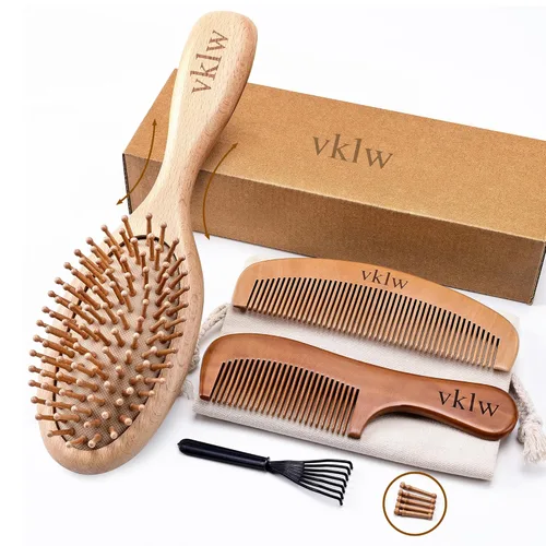 Wooden Hair Brush and Comb, One-piece Design, Reduce Frizz and Static, Massage Scalp, Detangling Paddle Hairbrush for Women, Girls, Kids, Includes