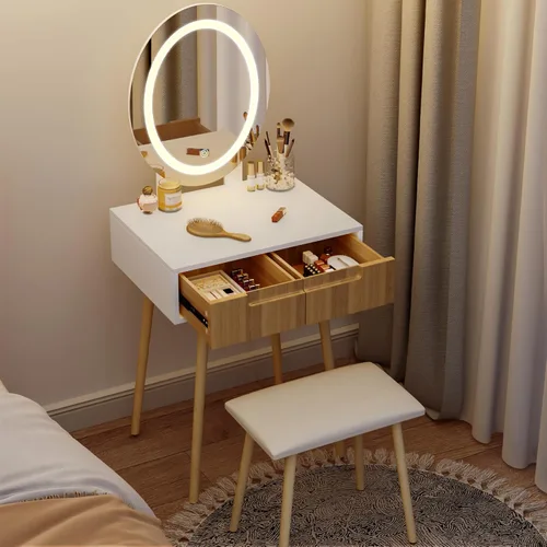 Vista 7 de Tocador pequeño con espejo y luces, tiradores de madera con taburete acolchado, 3 modos de iluminación, mesa redonda de maquillaje con rieles