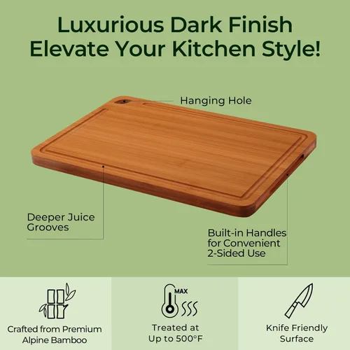 Vista 4 de Keechee Butcher Block - Juego de 2 tablas de cortar de bambú carbonizado con ranura para jugo para preparación de comidas y servir queso, juego de 2