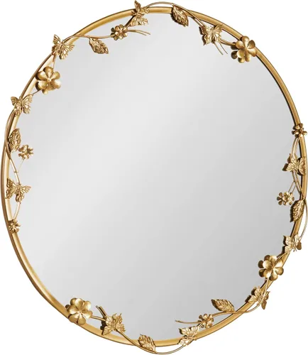 Kate and Laurel Rosella - Espejo de pared redondo adornado moderno, 26 pulgadas de diámetro, dorado, espejo circular con detalles florales para usar