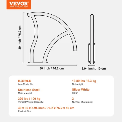 Vista 7 de VEVOR Pasamanos para Piscina, 2 PCS Barandilla de 30x30 pulgadas, Acero Inoxidable con Placa Base para Interiores/Exteriores, Barandilla