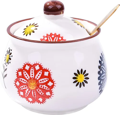 Vista 7 de Tarro de azúcar de cerámica azul con tapa y cuchara dorada, recipiente hermético de almacenamiento de cocina de 10.8 onzas para café, té, especias