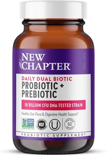 New Chapter Probiótico biótico dual diario + prebiótico para la digestión y la salud del microbioma, 100% vegano, sin soja, sin OMG, 60 unidades