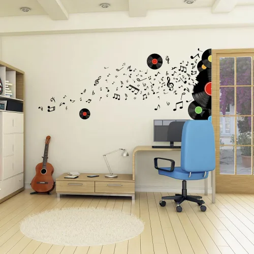 Vista 4 de SUPERDANT Adhesivo de pared con notas de grabación, notación musical con disco, calcomanías de vinilo para despegar y pegar, decoración del hogar