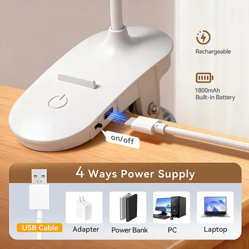Vista 4 de Luz de abrazadera con clip para cabecera de cama, lámpara de escritorio recargable, 3 colores (blanco/blanco cálido/cálido), cuello de cisne