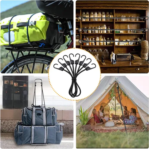 Vista 6 de Cuerda elástica de 24 pulgadas con ganchos dobles, paquete de 4 correas elásticas de 0.315 pulgadas y 8 clips de lona, correas elásticas negras