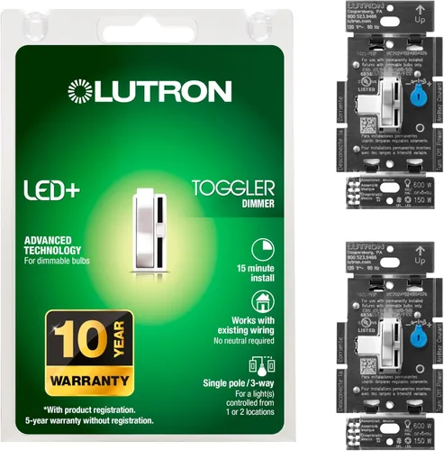 Vista 14 de Lutron Toggler Interruptor Regulador LED+ para Bombillas LED Regulables, Halógenas e Incandescentes, 150 Vatios, Unipolar o 3 Vías, TGCL-153PH-AL