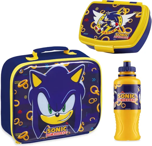 Sonic The Hedgehog Fiambrera para niños, juego de 3 piezas, bolsa de almuerzo aislada, caja de aperitivos, botella de agua de 14.5 onzas, sin BPA,