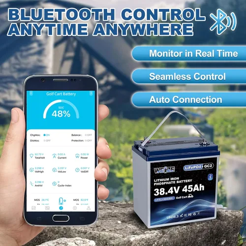 Vista 5 de WEIZE Batería LiFePO4 para carrito de golf Bluetooth 36V 45AH GC2, celdas de grado A, BMS de 100 A, batería de litio de ciclo profundo de protección