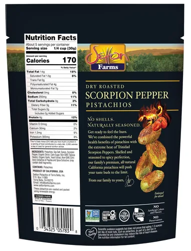 Vista 2 de Setton Farms Pistachos, sabor extremo de pimienta escorpión, sazonado naturalmente, tostado en seco sin cáscara, proyecto verificado sin OMG, sin