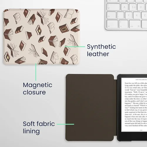 Vista 5 de kwmobile Funda compatible con Amazon Kindle Paperwhite 11. Generación 2021 - Funda para lector electrónico - Libros y páginas Beige/Marrón/Dorado