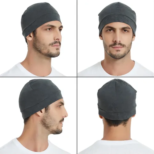 Vista 5 de Headshion Gorras de algodón con diseño de calavera para hombres y mujeres, paquete de 2 gorros ligeros para dormir, transpirables, forro para casco