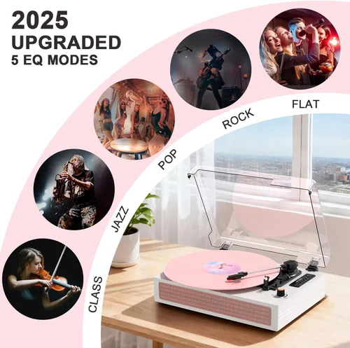 Vista 6 de Tocadiscos de vinilo con altavoces, tocadiscos Bluetooth vintage rosa con modos de sonido EQ y pantalla LED, tocadiscos de 3 velocidades para discos
