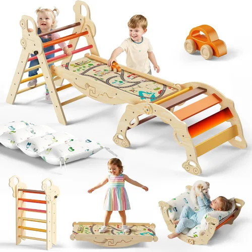 Vista 12 de Pikler Triangle Climbing Set with Cushion, Foldable Climbing Toys Indoor, Montessori Toddler Gym, 10-in-1 Climber & Playground, Gift for Christmas