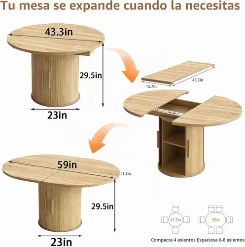 Vista 2 de Mesa de comedor redonda extensible de 43.3-59 pulgadas para 4-6-8, puerta corredera de madera estriada, mesa de cocina ovalada moderna, base