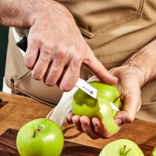 Vista 7 de Cuchillo de cocina HexClad, hoja de acero inoxidable japonés de Damasco de 3.5 pulgadas, mango de Pakkawood