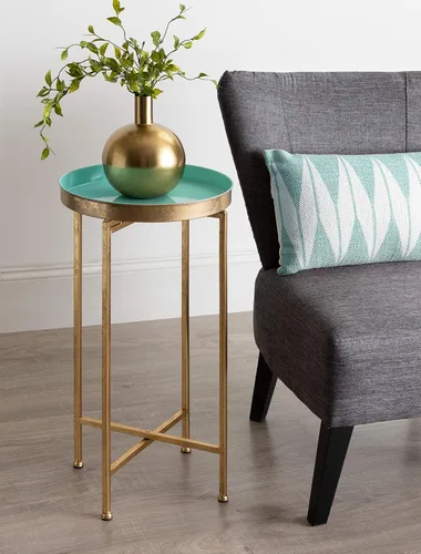 Vista 2 de Kate and Laurel Celia Round Foldable Tray Accent Table, 14" x 14" x 25.75", Light Teal and Gold, Modern Minimalist Design and Magnetic Tabletop