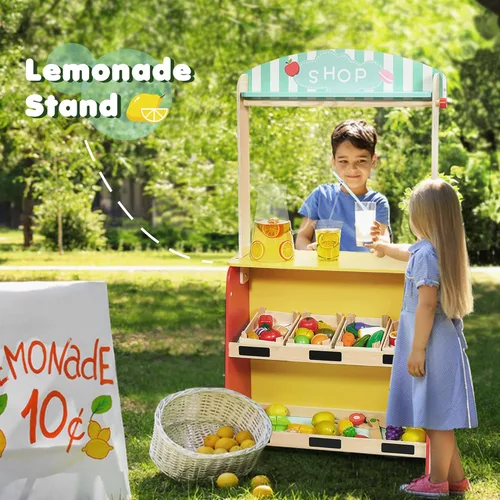 Vista 4 de Teatro de marionetas de madera Rundad Bonus 2 marionetas de mano, puesto de limonada de doble cara y teatro de espectáculo de marionetas para niños