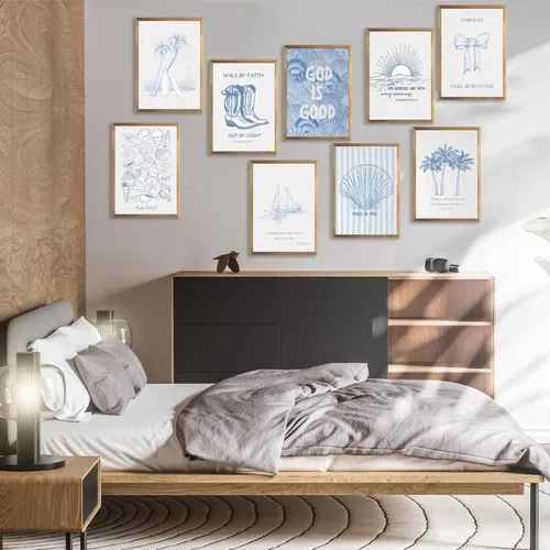 Vista 6 de 9 Piezas Arte de Pared Cristiano Costero Azul Pósteres de Conchas Marinas Versículos Bíblicos Inspiradores Océano Playa Estrella de Mar Palmera