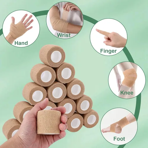 Vista 6 de Paquete de 12 vendajes autoadhesivos, vendaje cohesivo de 2 pulgadas x 5 yardas, envoltura cohesiva no tejida, envoltura veterinaria autoadherente