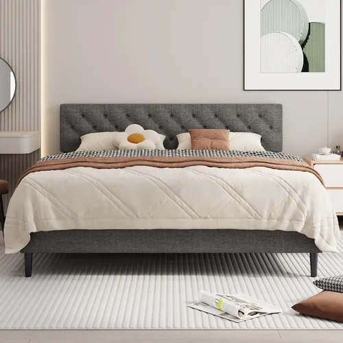 Vista 15 de BarnFurin Marco de cama tamaño completo con cabecero, cama de plataforma tapizada con cabecero acolchado con botones ajustables, marco de cama