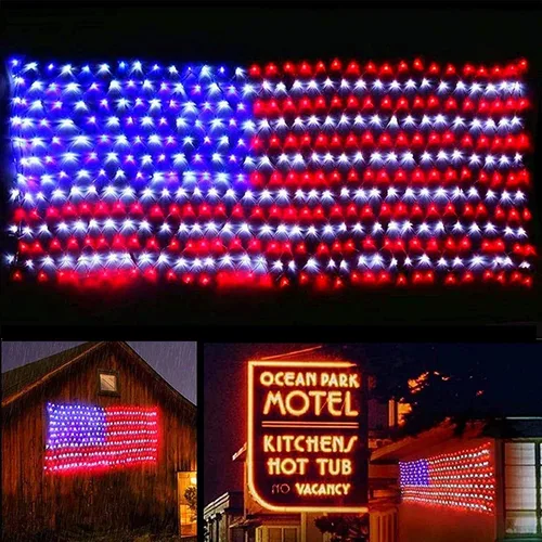 Vista 9 de (Nuevo) Luces de Bandera Estadounidense, Luces de Cadena para Exteriores 420 LED Impermeables, Luz de Red de Bandera LED, Adornos Patrióticos