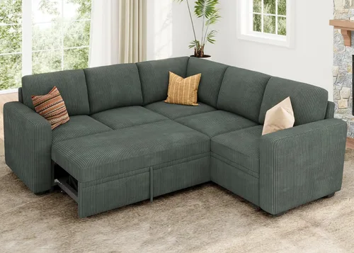 Vista 36 de HONBAY - Sofá seccional modular con cama desplegable, sofá de pana con almacenamiento, sofá seccional en forma de U para sala de estar, color azul