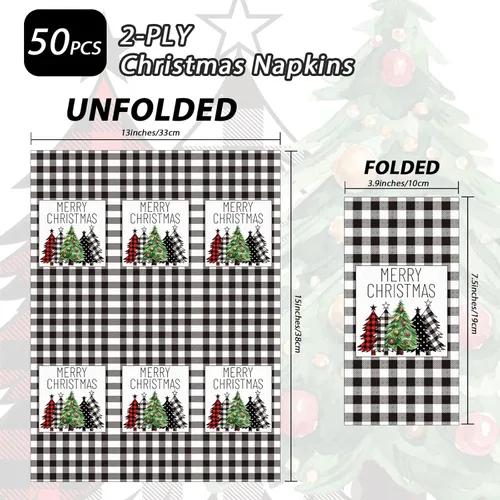 Vista 2 de Servilletas de Navidad de búfalo blanco y negro, servilletas de papel desechables para decoración de mesa de vacaciones (paquete de 50)