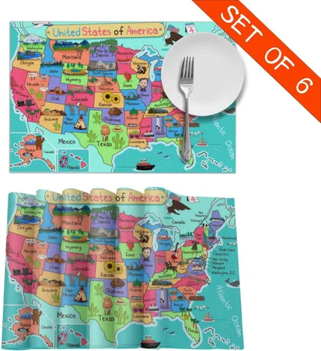 Vista 2 de Juego de 6 manteles individuales para mesa de comedor con diseño de mapa de América de dibujos animados (lavables)