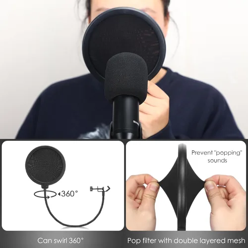 Vista 5 de Sherr Soporte de micrófono de trípode de 2 piezas, altura ajustable, con clip de micrófono y parabrisas para transmisión en vivo, canto, actuación