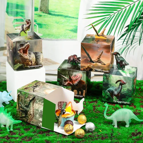 Vista 4 de Sherr 36 cajas de regalo de dinosaurio, caja de regalo de cumpleaños de dinosaurio, caja de cartón de selva tropical, decoración de fiesta