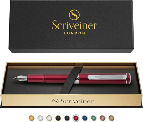 Vista 9 de Scriveiner - Pluma fuente de lujo EDC (fina), impresionante bolsillo EDC rojo mate con acabado cromado, punta alemana Schmidt, convertidor, un gran