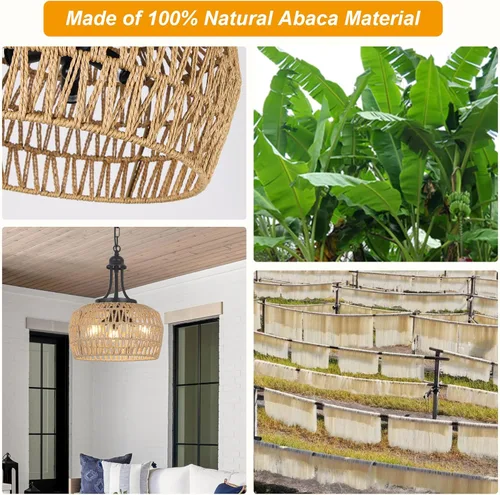 Vista 5 de HMVPL Lámpara de araña de granja para comedor, 3 luces, estilo bohemio, de ratán, lámpara colgante de techo con pantalla tejida, pequeña lámpara