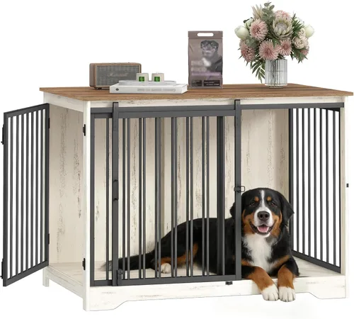 Vista 20 de Mueble de jaula para perros de 27.2 pulgadas con puerta de granero, perrera resistente para interiores con 2 puertas, mesa auxiliar jaula de madera