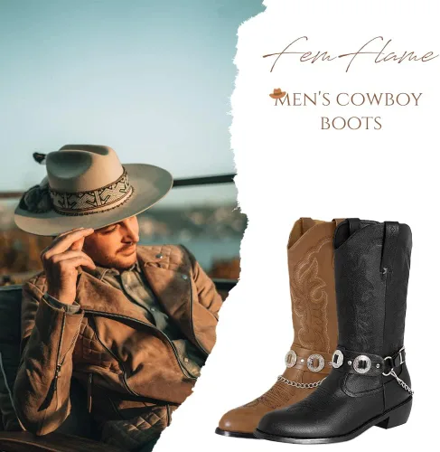 Vista 2 de Botas vaqueras para hombre, botas de tacón grueso bloqueado con correa Chonco cosidas, botas occidentales cerradas, punta redonda, botas bordadas a