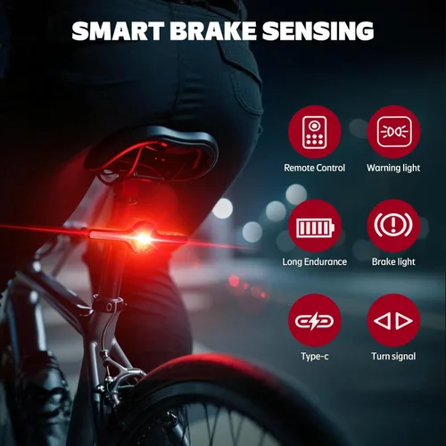 Vista 7 de Luz trasera para bicicleta, luz de freno inteligente de ultra brillo con señales de giro y luz de bicicleta de detección, luces traseras recargables