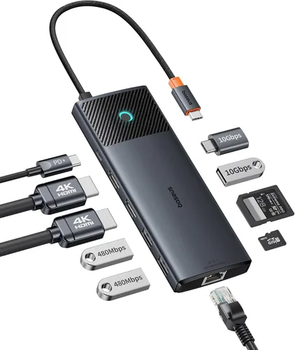 Vista 9 de Baseus Adaptador USB C a HDMI, estación de acoplamiento USB C 4K a 60Hz, concentrador USB C 7 en 1 con 3 USB-A, PD 100W, lector de tarjetas TF/SD