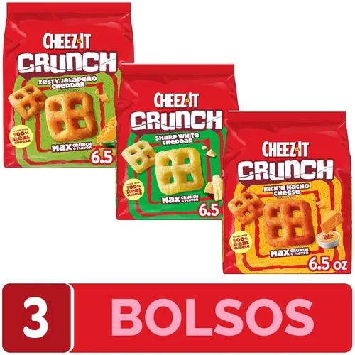 Vista 5 de Cheez-It Crunch Pasabocas horneados con sabor a queso, bocadillos para el almuerzo, cheddar blanco fuerte (paquete de 6 bolsas)